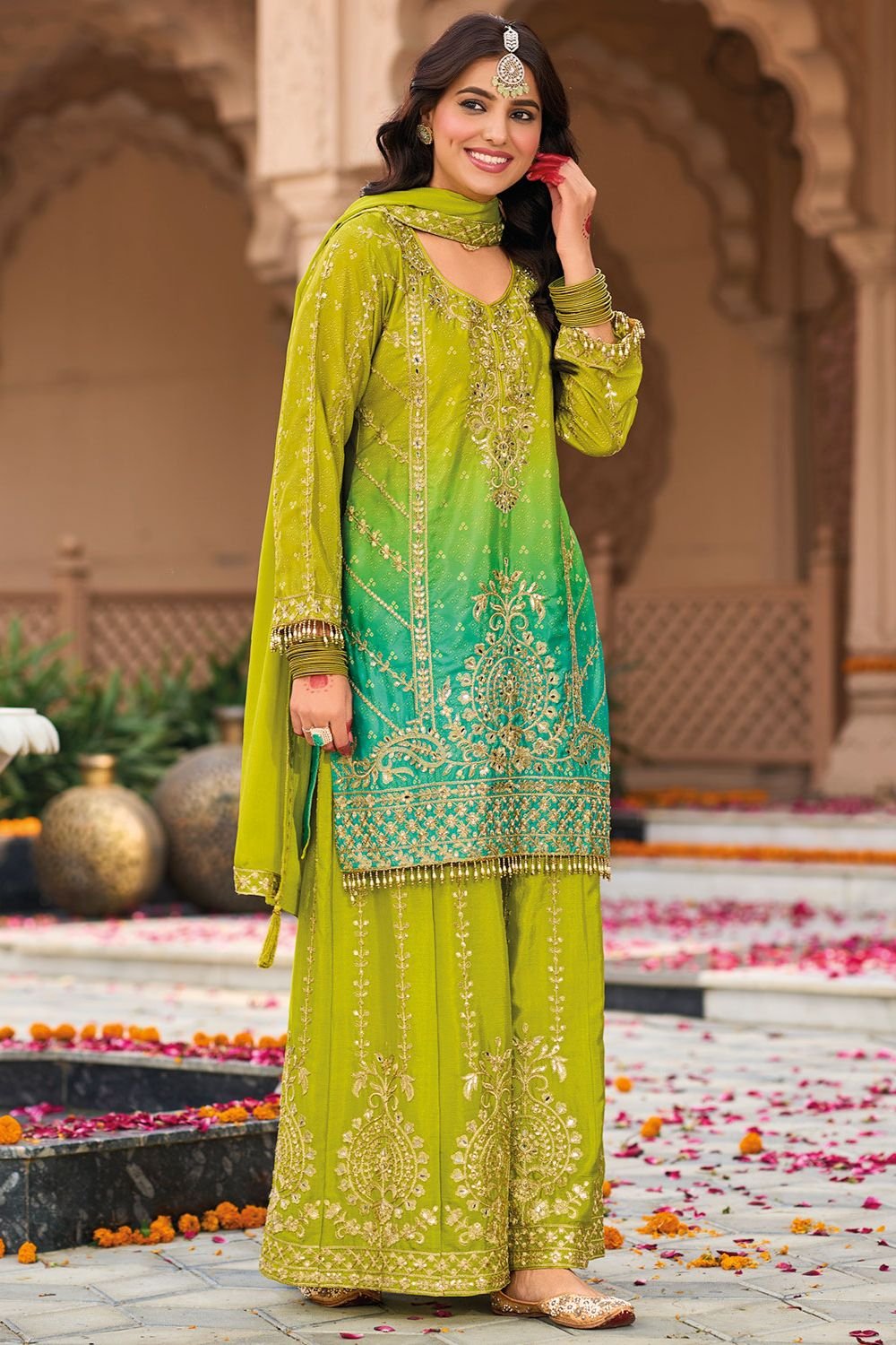 Green Haldi Ceremony Readymade Palazzo Kameez SFFK23702R