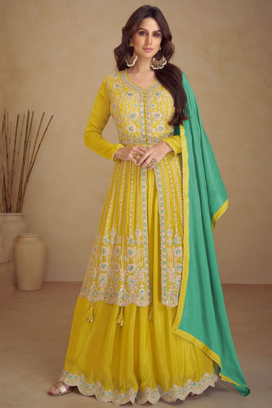 Yellow Chinnon Wedding Reception Palazzo Kameez SFSMT33802