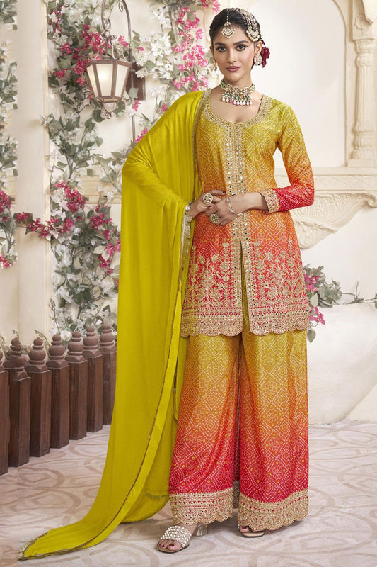 Yellow Wedding Chinnon Palazzo Kameez SFYS144502