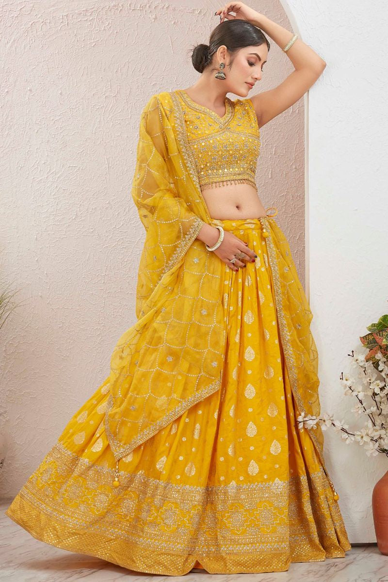 Yellow Dola Silk Designer Haldi Ceremony Lehenga SFSA477508R