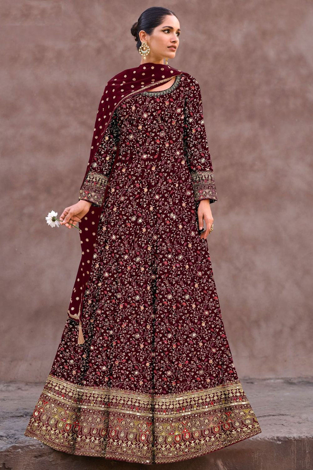 Maroon Wedding Sangeet Anarkali Salwar Kameez In Georgette SFEDC11104