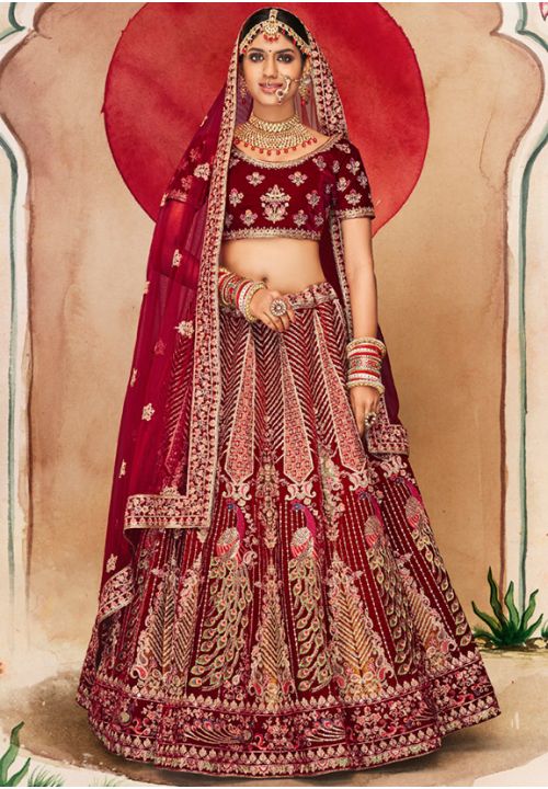 Burgundy Red Faux Georgette Embroidered Bridal Lehenga Choli