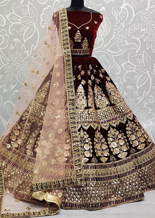 Maroon Velvet Designer Party Wedding Lehenga Choli Set SFANJ1674