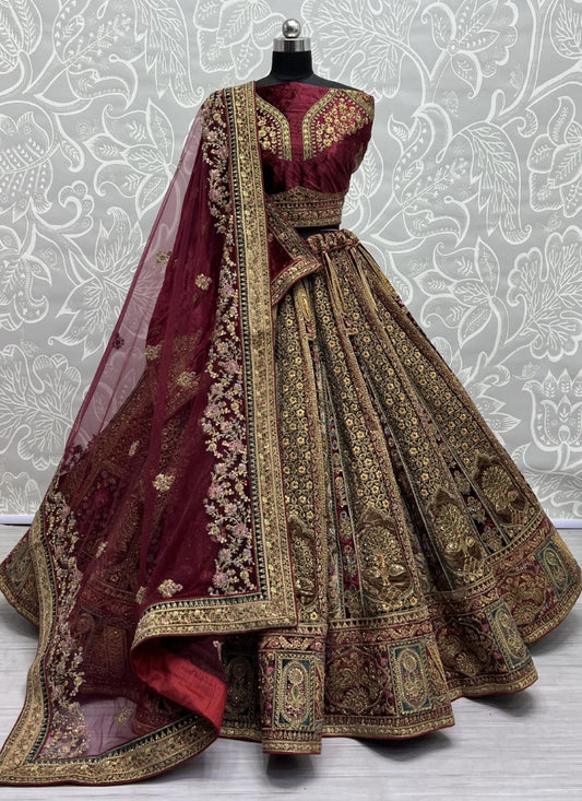 Maroon Bridal Wedding Velvet Designer Lehenga Set SFANJ2925