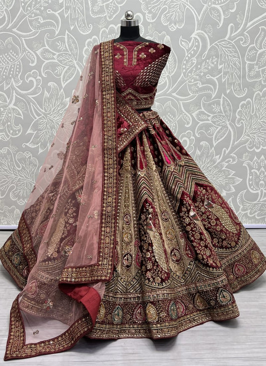 Maroon Bridal Wedding Velvet Designer Lehenga Set SFANJ2929