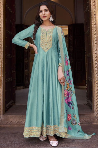 Blue Wedding Haldi Sangeet Party Silk Anarkali Salwar Gown SFYS132700