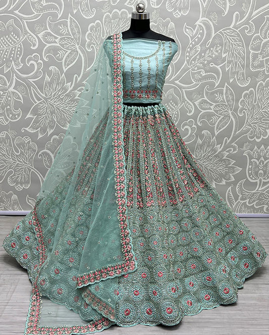 Blue Net Designer Party Wedding Lehenga Choli Set SFANJ2214