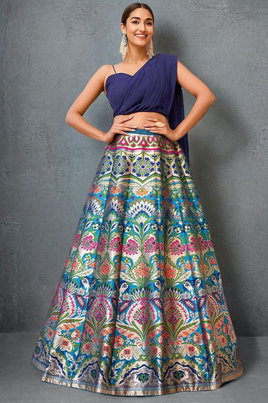 Silver Blue Banarasi Partywear Wedding Lehenga Choli Set SFROY501501R