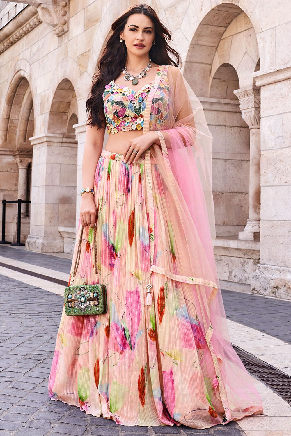 Peach Chinnon Silk Evening Party Lehenga SFSMT40401