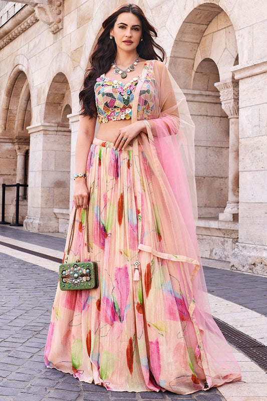 Peach Chinnon Silk Evening Party Lehenga SFSMT40401