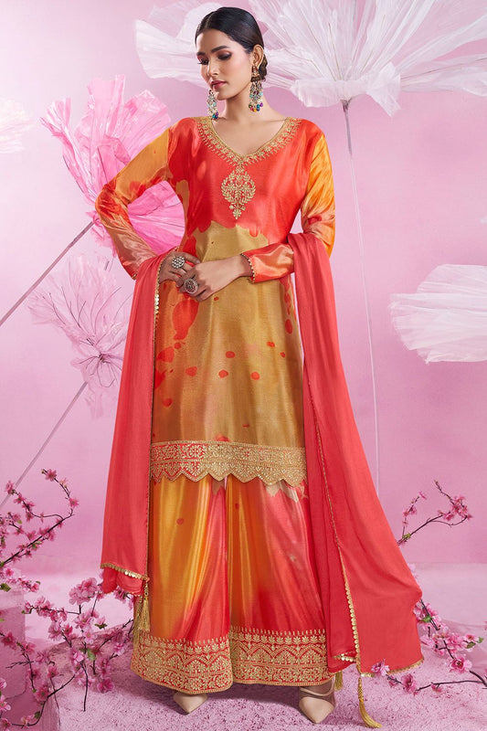 Red Sangeet Wedding Party Palazzo Salwar Kameez In Chinnon Silk SFFK23901