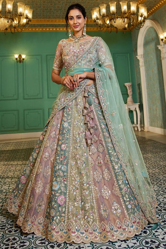 Elevated Peach Net Bridal Wedding Lehenga  SFROY509101