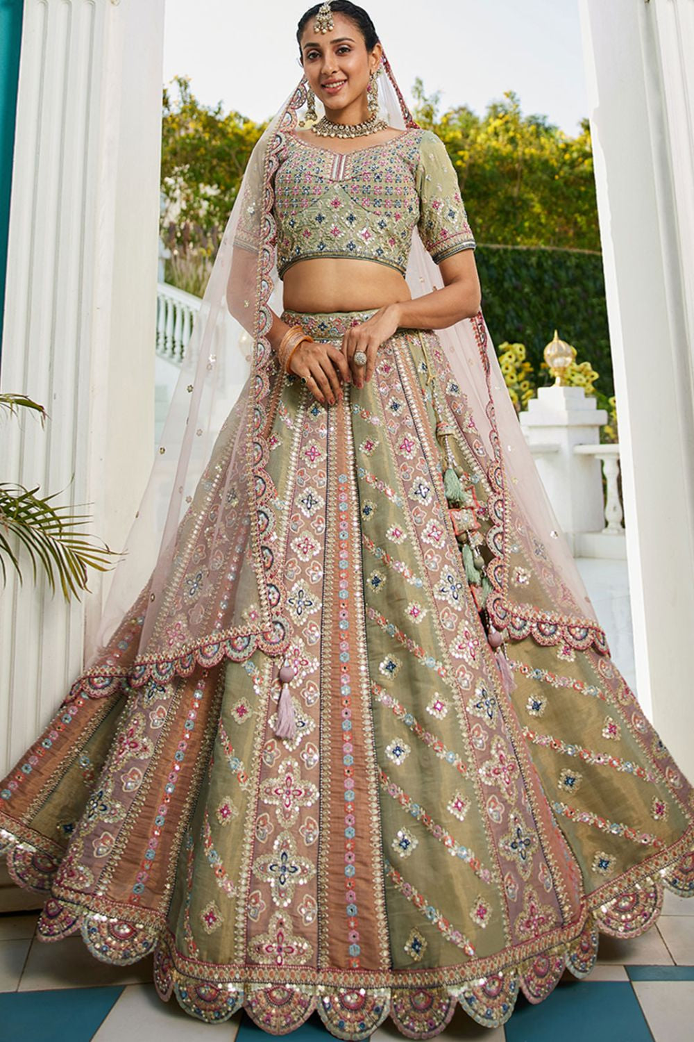 Elevated Green Net Bridal Wedding Lehenga SFROY509102