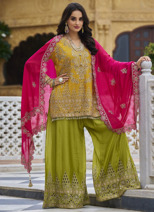 Mustard Yellow Chinon Embroidered Palazzo Kameez Salwar Suit SF302080