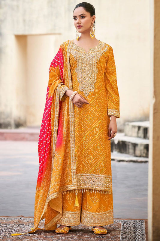 Yellow Wedding Party Chinnon Palazzo Kameez SFYS137304