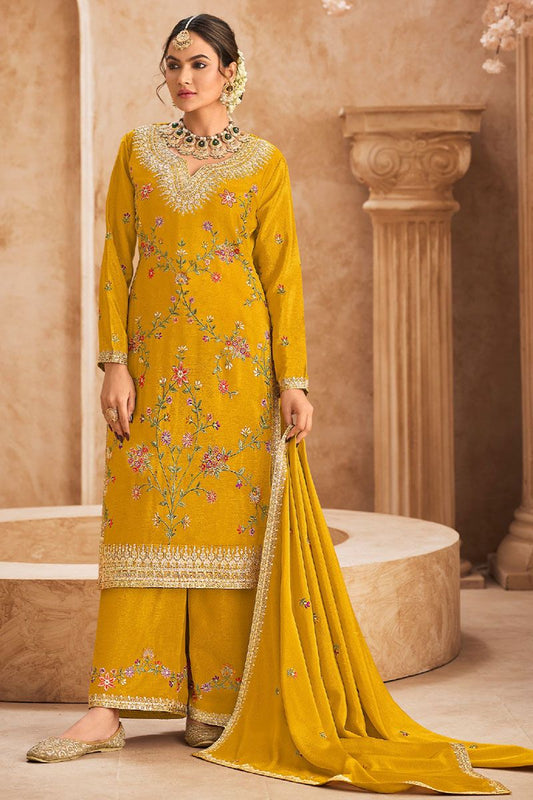 Yellow Sangeet Wedding Party Palazzo Salwar Kameez In Chinnon Silk SFYS144802