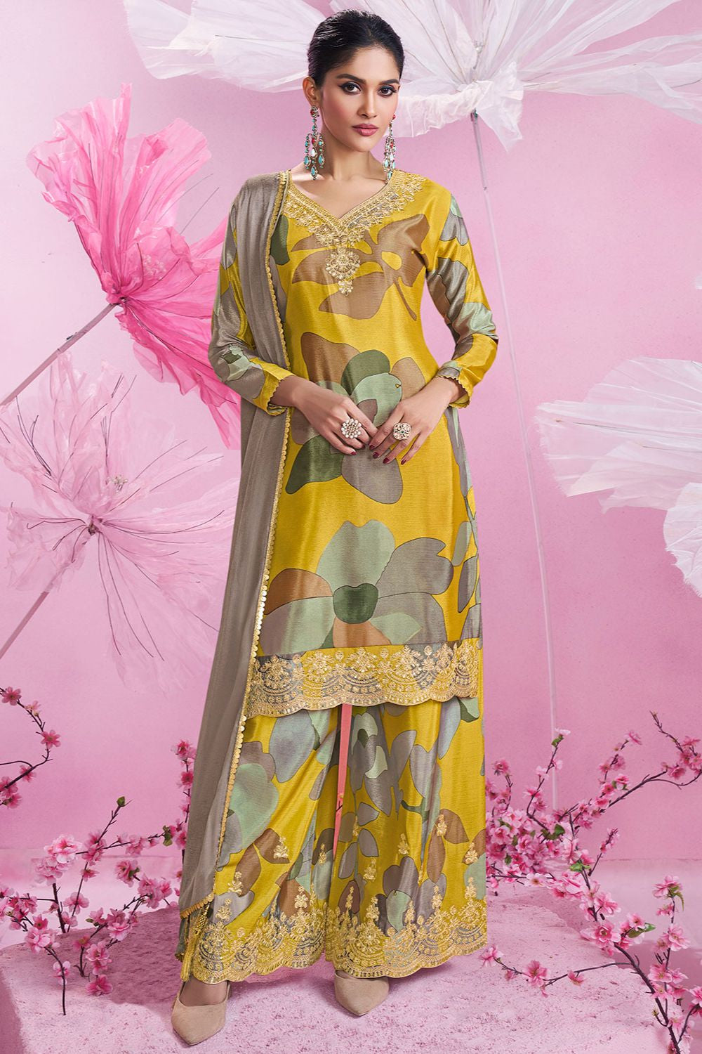 Yellow Sangeet Wedding Party Palazzo Salwar Kameez In Chinnon Silk FFK23904