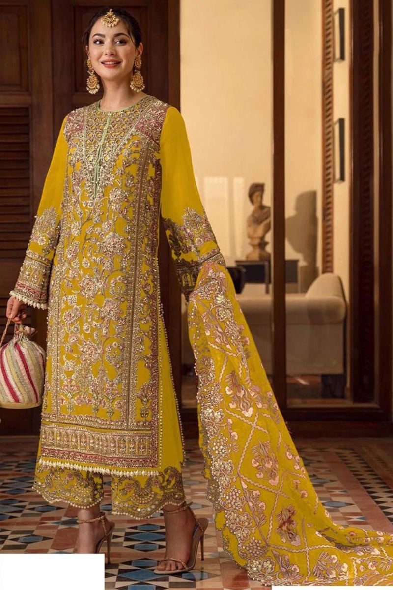 Yellow Haldi Ceremony Salwar Trouser Kameez SFSA483602R