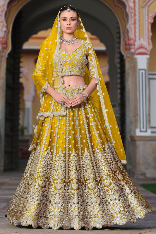 Yellow Net Bridal Wedding Reception Lehenga Set SFSA478905