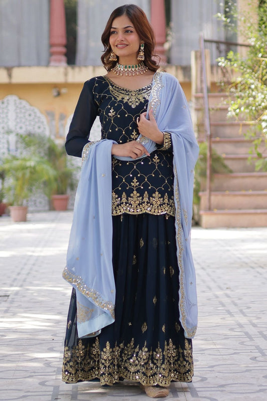 Bespoke Blue Palazzo Kameez In Georgette Zari Work SFPRF227401R