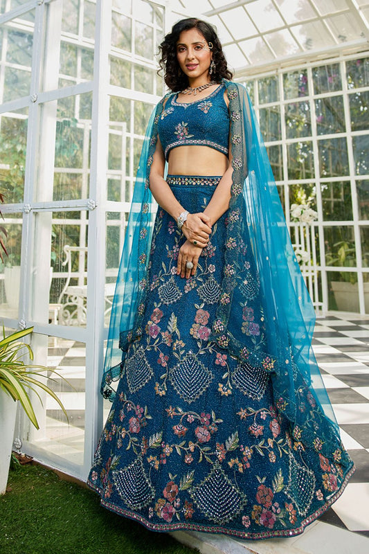 Blue Net Wedding Lehenga With Zari Work SFROY509014