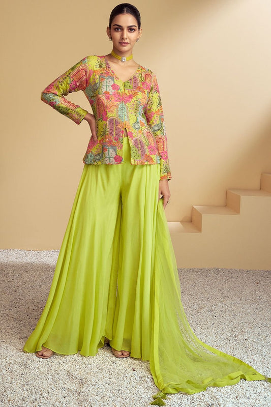 Edgy Green Sangeet Palazzo Kameez In Chinnon SFSMT41301