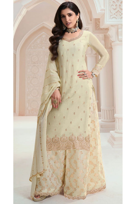 Cream Chinnon Wedding Ceremony Palazzo Kameez SFSMT37903