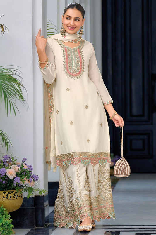 Off White Embroidered Salwar Kameez Trouser Readymade Suit SFFK22902R