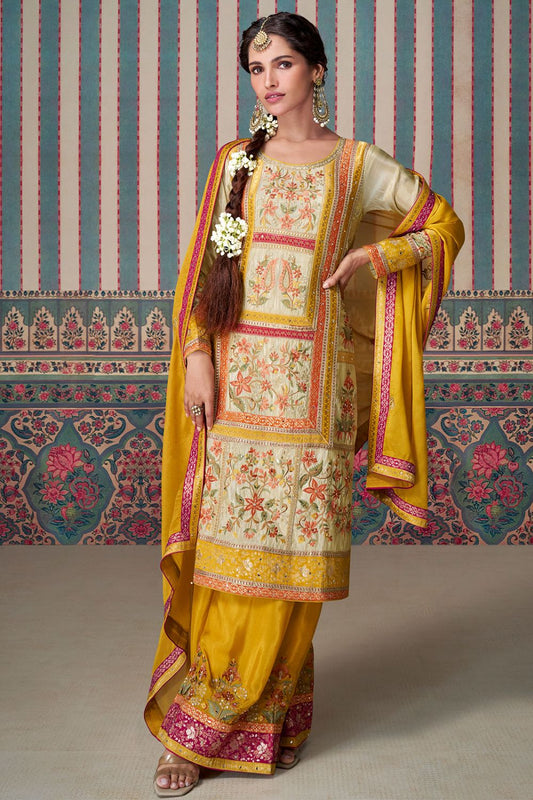 Yellow Cream Shimmer Silk Haldi Sangeet Palazzo Kameez SFYS140702