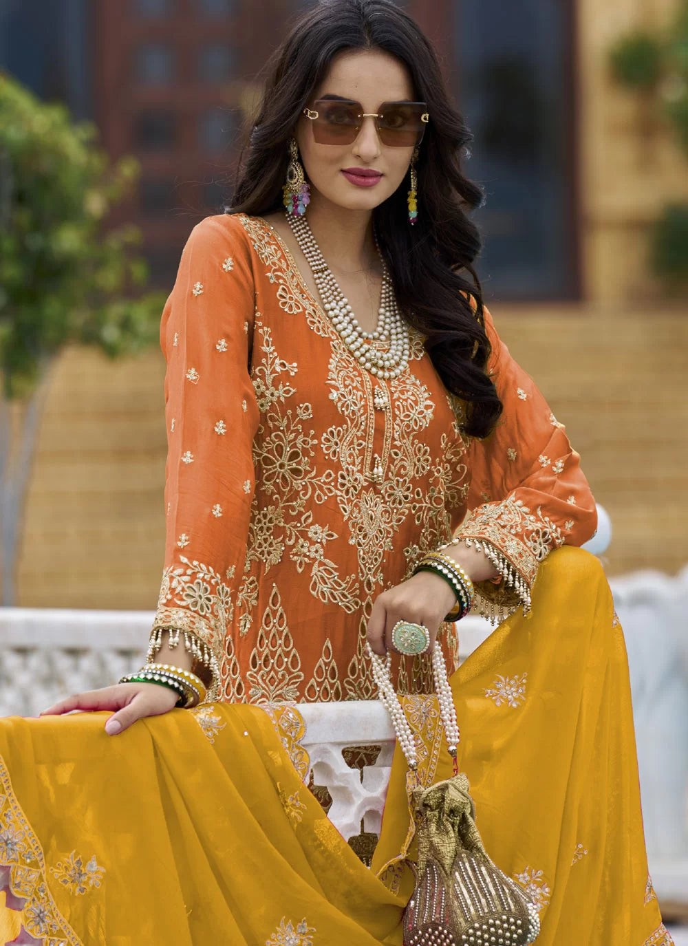 Orange Chinon Embroidered Palazzo Kameez Salwar Suit SF302082