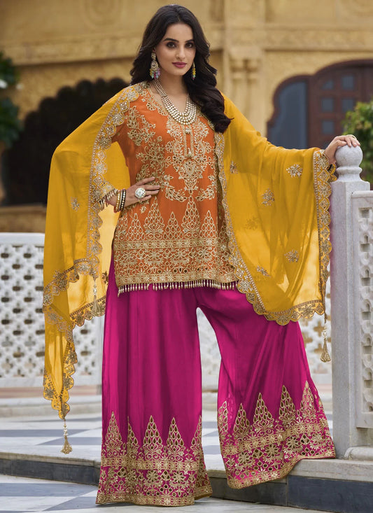 Orange Chinon Embroidered Palazzo Kameez Salwar Suit SF302082