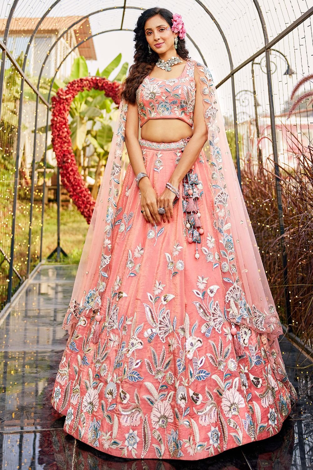 Orange Net Wedding Sangeet Designer Lehenga SFROY509006