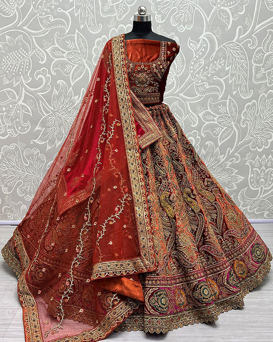 Orange Designer Velvet Heavy Bridal Lehenga Set SFANJ2257