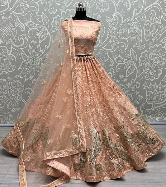 Peach Net Designer Reception Wedding Lehenga SFANJ2174