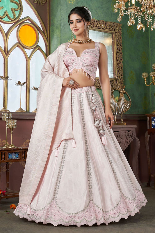 Peach Jacquard Designer Wedding Reception Lehenga  SFRELS3601R