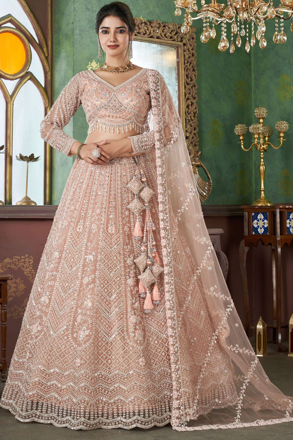 Peach Net Bridal Engagement Lehenga Choli SFRELS3507R