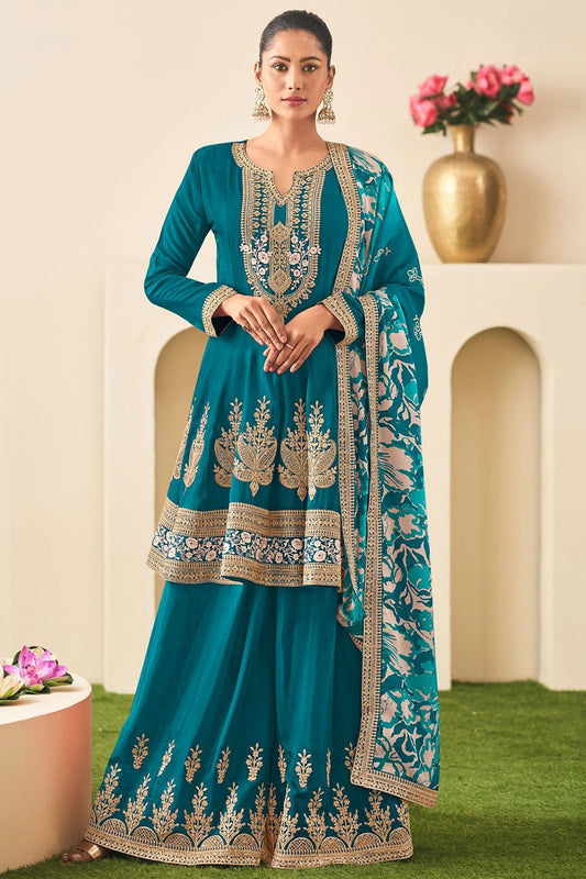 Luxe Blue Sangeet Palazzo Kameez In Chinnon Silk SFYS144601