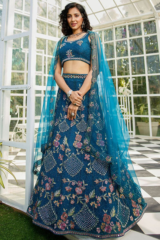 Blue Net Wedding Designer Lehenga Choli Set SFPRF228203