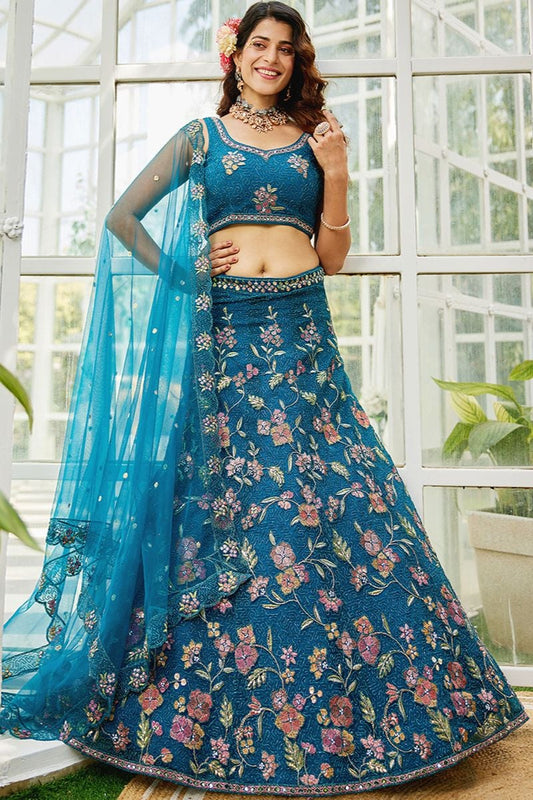 Blue Net Designer Lehenga Choli For Wedding Party SFPRF228209