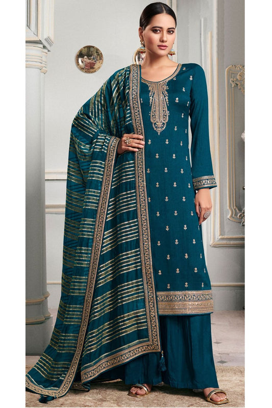 Blue Precision Embroidered Silk Georgette Palazzo Kameez SFYS142101