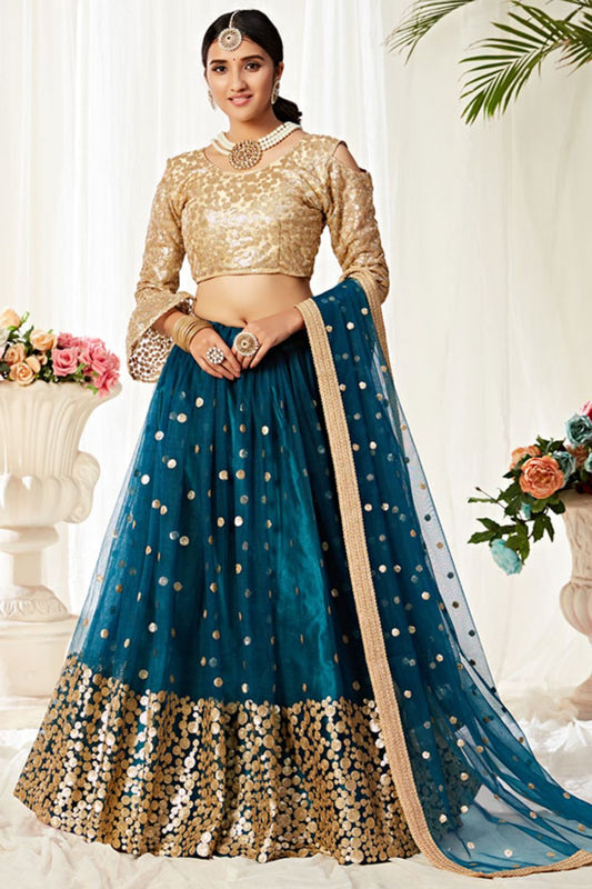 Blue Net Wedding Party Sangeet Lehenga Set SFSA238101A