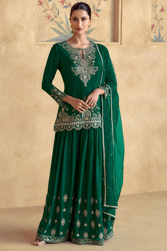 Green Shimmer Silk Haldi Sangeet Palazzo Kameez  SFSMT39702