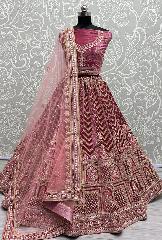 Regal Pink Velvet Wedding Reception Lehenga Set SFANJ2468