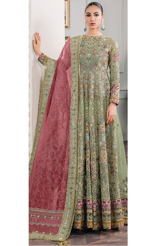 Green Net Wedding Reception Anarkali Gown Dress SFSA458201