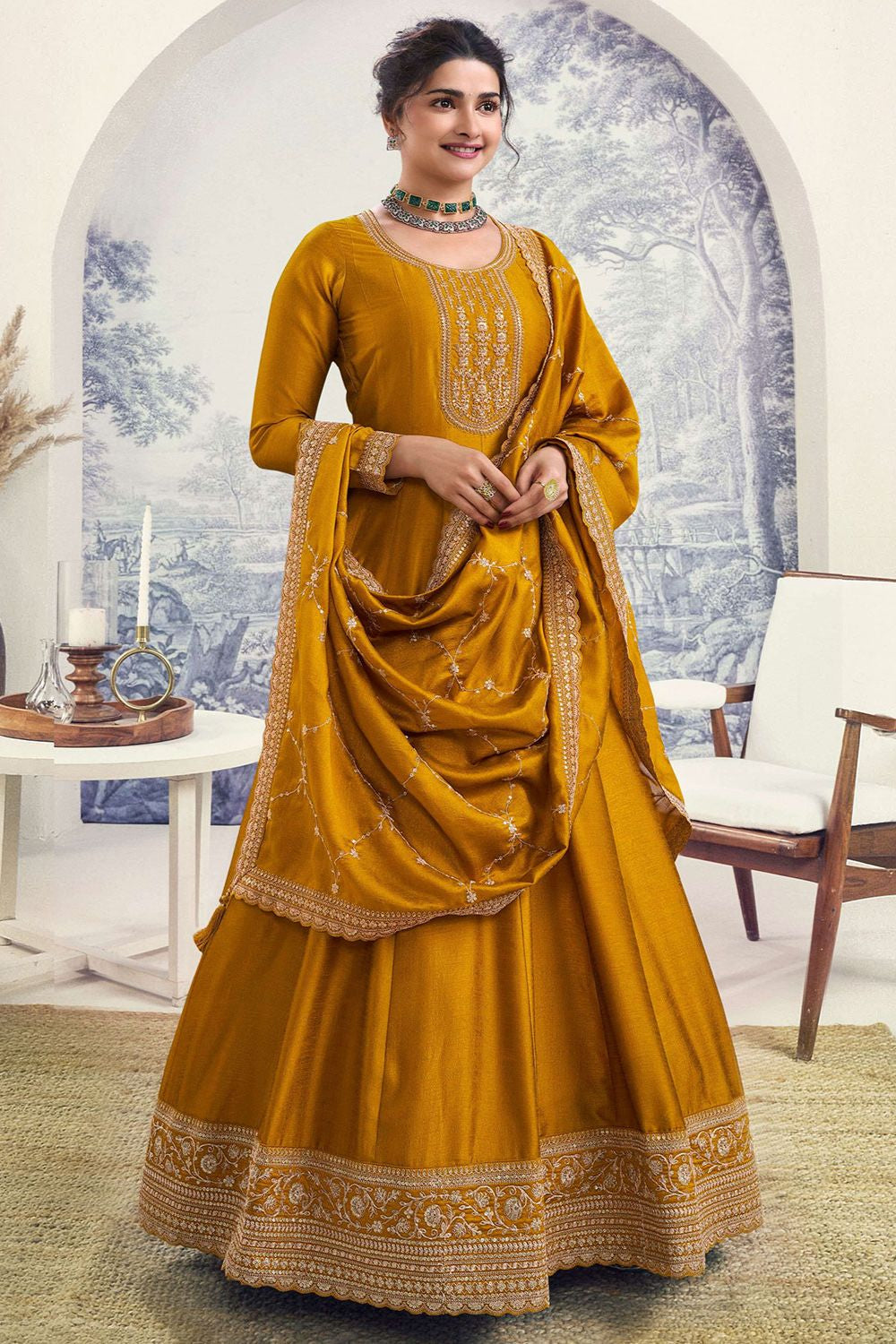 Prachi Desai Yellow Sangeet Anarkali Salwar Kameez SFEDC10404