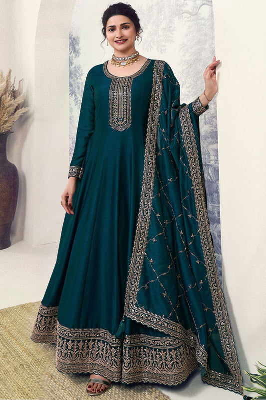 Prachi Desai Teal Sangeet Anarkali Salwar Kameez SFEDC10401