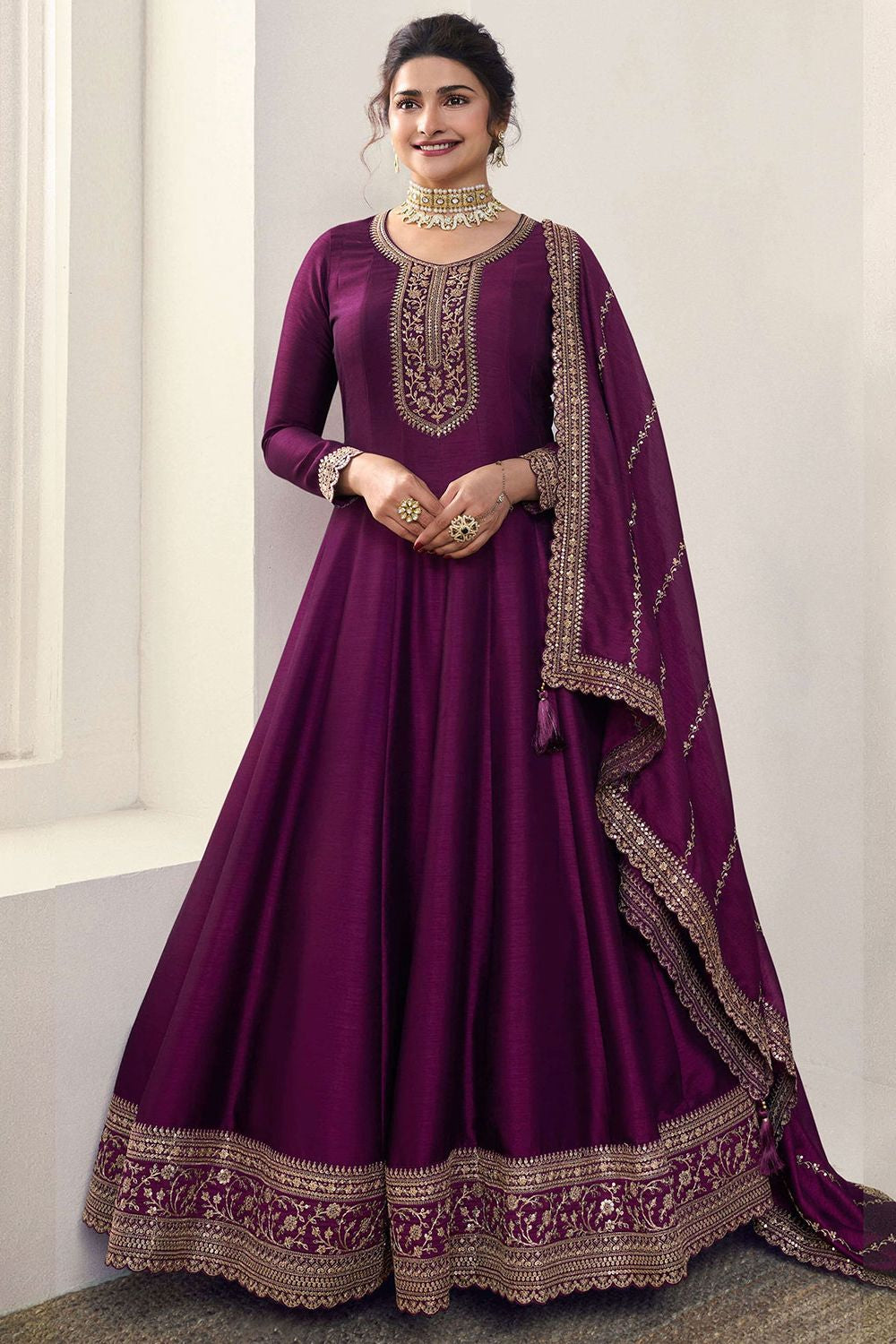 Prachi Desai Magenta Sangeet Anarkali Salwar Kameez SFEDC10406