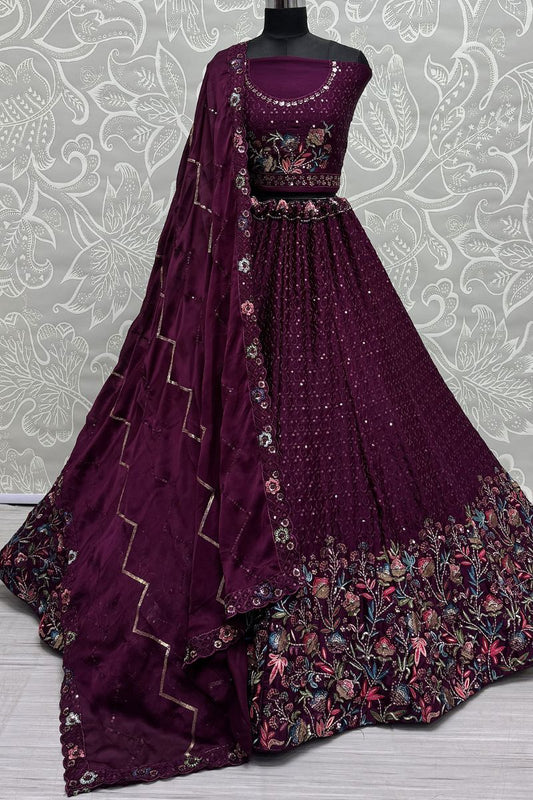 Enchanting Maroon Chinnon Wedding Lehenga SFANJ2924