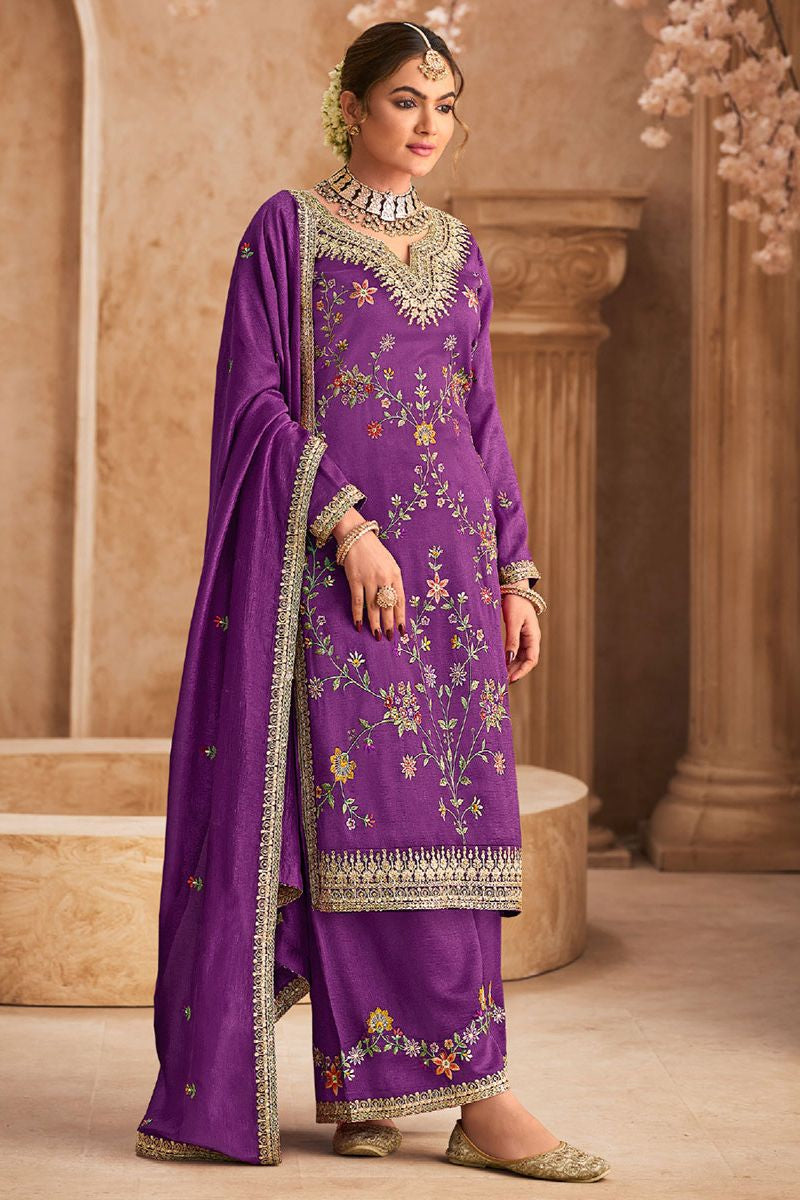 Purple Sangeet Wedding Party Palazzo Salwar Kameez In Chinnon Silk SFYS144801