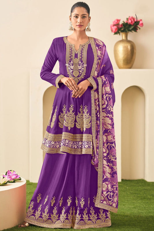 Luxe Purple Sangeet Palazzo Kameez In Chinnon Silk SFYS144603